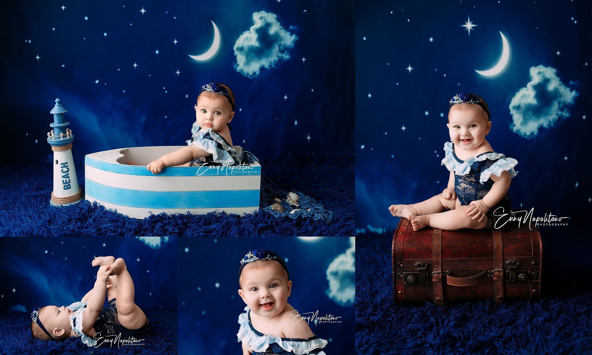 Fotografie di una bambina in una barca e sopra una valigetta in uno studio fotografico per bambini a Milano, Pavia, Monza, Bergamo, Varese fotografo di bambini Milano
