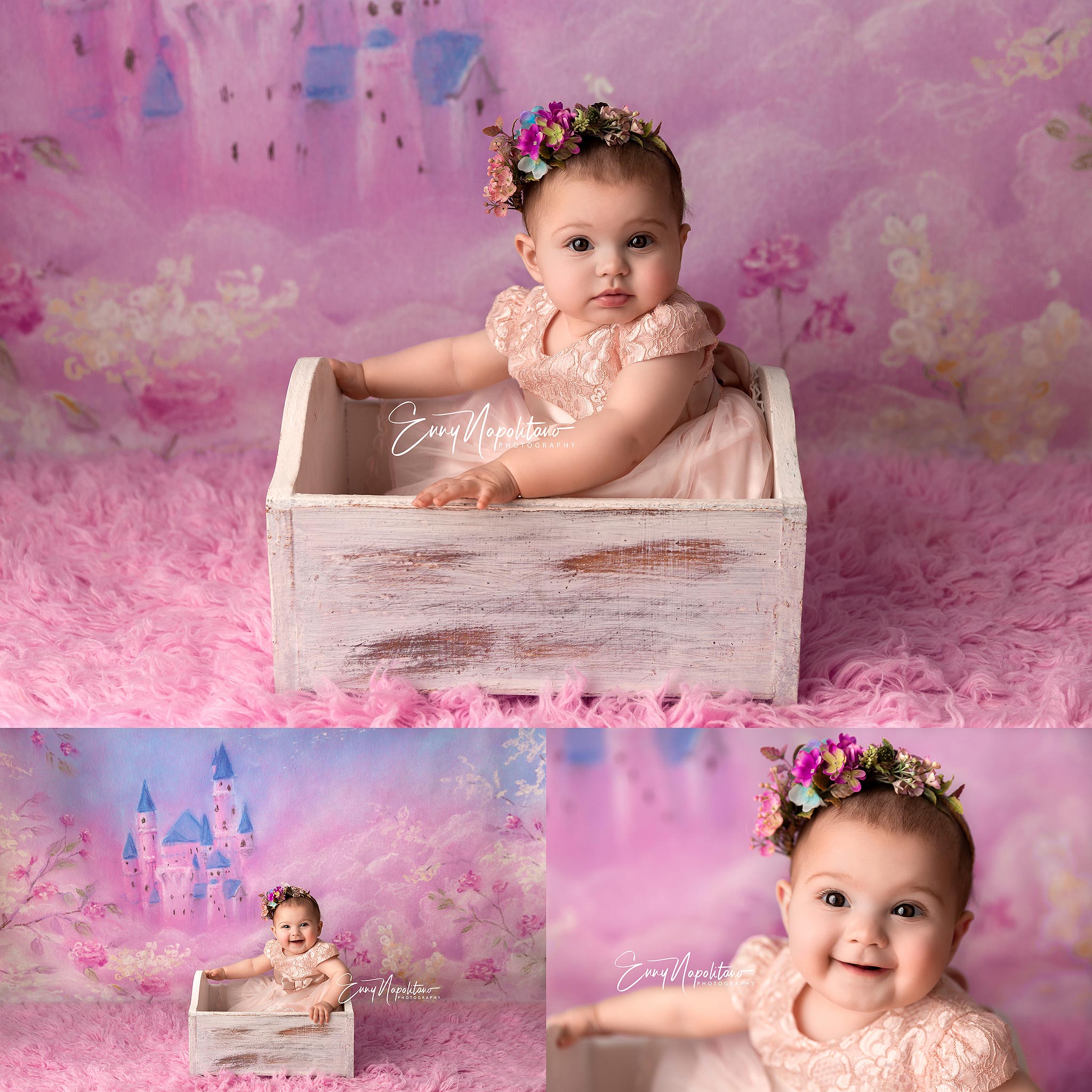 Fotografie di una bimba che ride dentro un lettino  in uno studio fotografico per bambini a Milano, Pavia, Monza, Bergamo, Varese