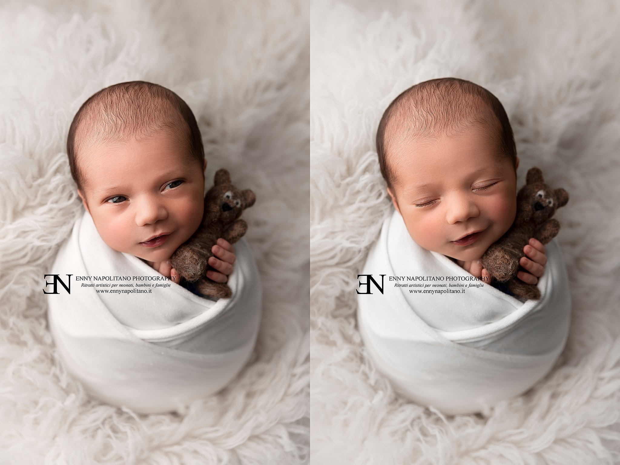 fotografia di neonato fasciato che sorride servizio fotografico per neonati