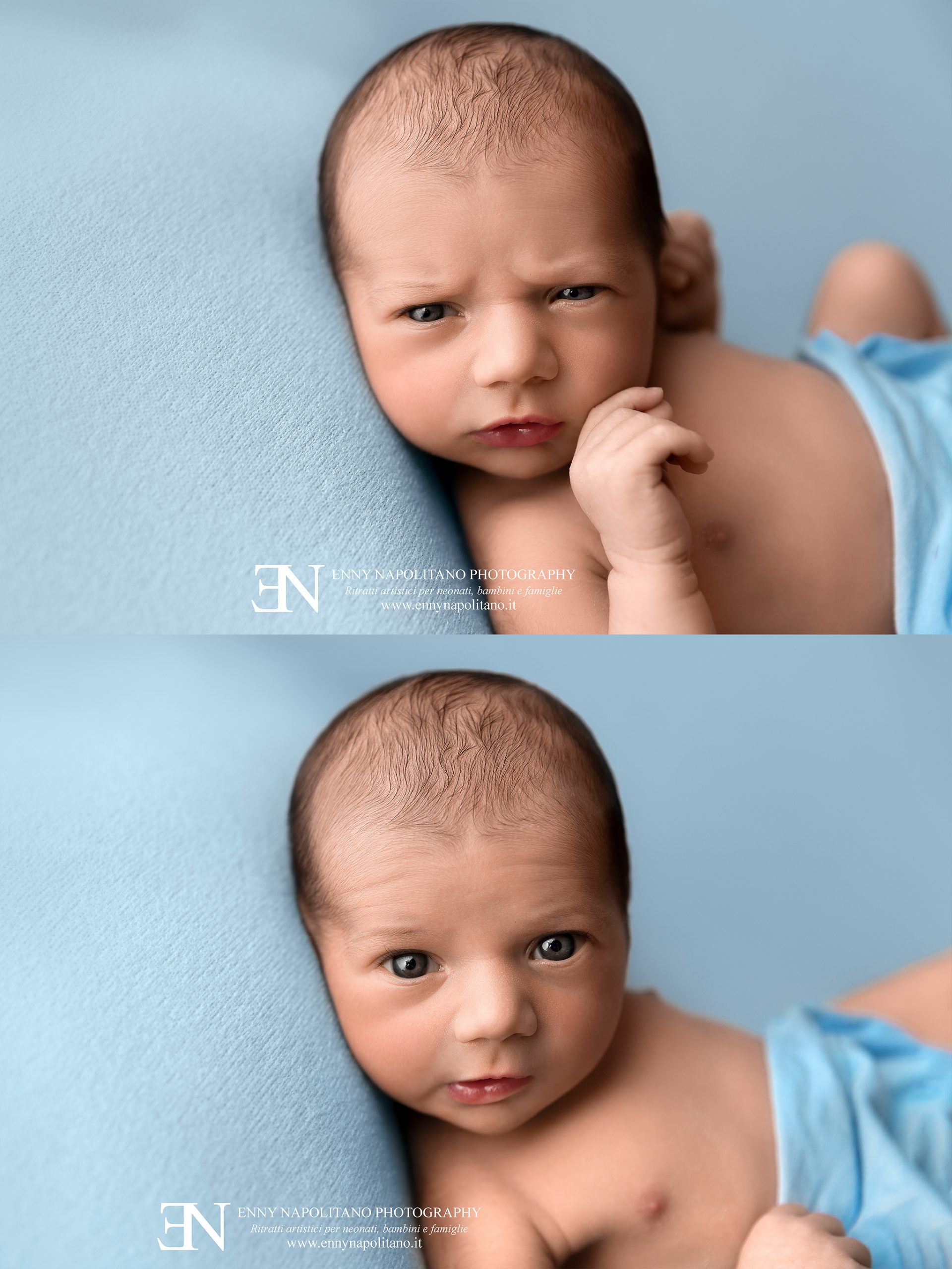 foto di neonato con occhi aperti durante un servizio fotografico per neonati newborn