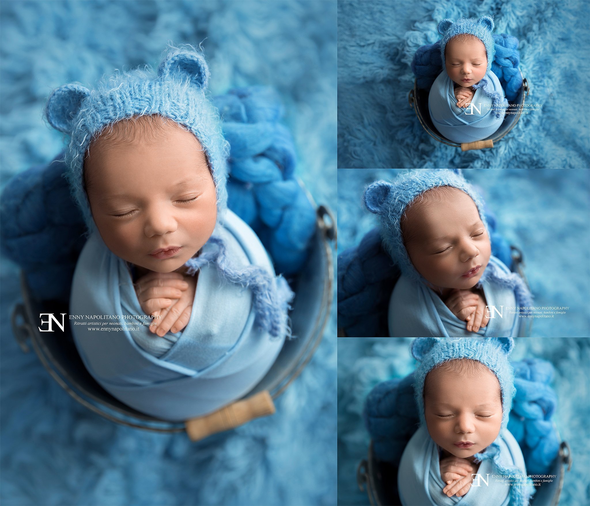 fotografia di neonato fasciato dentro un secchio servizio fotografico per neonati e bambini newborn
